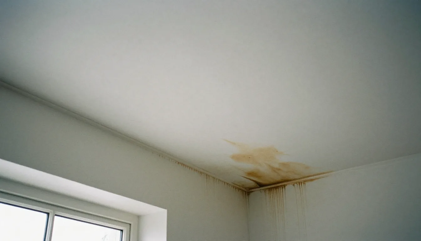 Auréole d'humidité brune sur un plafond sous rampant, avec une coulure le long du mur.